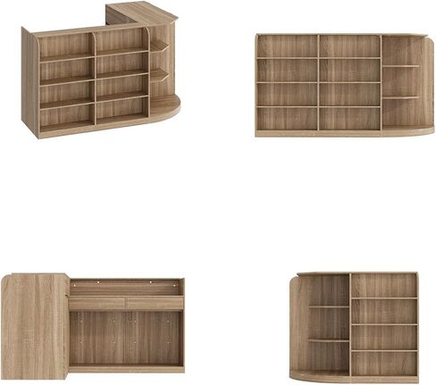 AIEGLE Reception Desk with Counter, 70.9" W Modern Retail Checkout Counter w/Drawers & Open Shelves, L-Shaped Oak Front Desk Reception Table with Storage Cabinet for Salon, Lobby, Office in Saudi Arabia