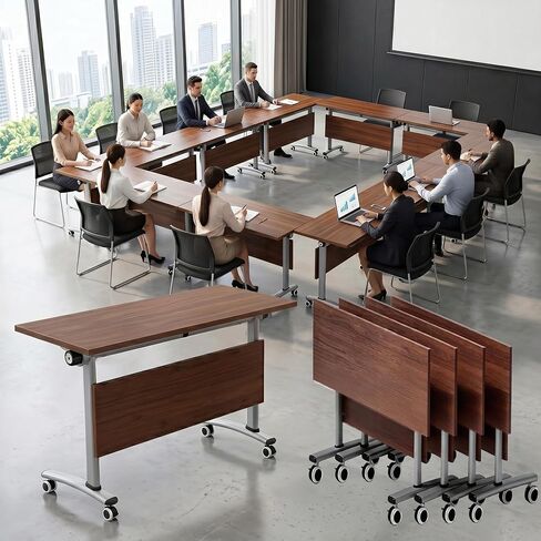 [6 Pack] Folding Conference Table with Wheels, Heavy-Duty Training Table with Lockable Casters, Modular Mobile Flip Top Nesting Meeting Table for Office ,Classroom, Seminar (6, Walnut Standard, 55 in) in Saudi Arabia