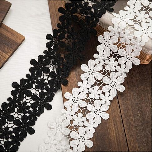 4Inch Wide Flowers Pattern Inelastic Embroidery Lace Trim,Curtain Tablecloth Slipcover Bridal DIY Craft Supply 3 Yards (Black) in Saudi Arabia