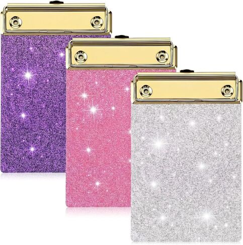 3Pcs Mini Clipboard, Small Glitter Clipboard, Acrylic Sparkly Clipboards Cute Clipboards with Storage, Pink Glitter Clipboarding Office Supplies for Notepads Offices Restaurants in Kuwait