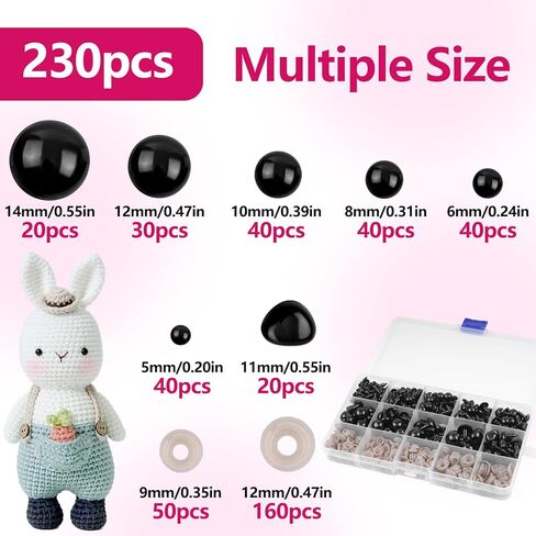 230PCS, 7 Sizes Safety Eyes for Crocheting, 5-14mm, Plastic Crochet Eyes for Amigurumi with 230PCS Washers, Stuffed Animal Doll Eye for DIY Crafts in Kuwait