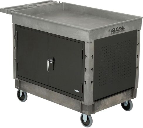 Global Industrial Top Tray Shelf Maintenance & Utility Cart with Cabinet, 500 Lbs Capacity, 44"L x 25-1/2"W x 32-1/2"H, Plastic Construction, 5" Casters, Gray in Kuwait