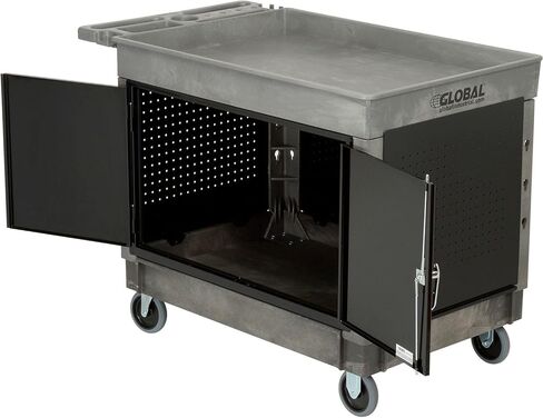Global Industrial Top Tray Shelf Maintenance & Utility Cart with Cabinet, 500 Lbs Capacity, 44"L x 25-1/2"W x 32-1/2"H, Plastic Construction, 5" Casters, Gray in Kuwait