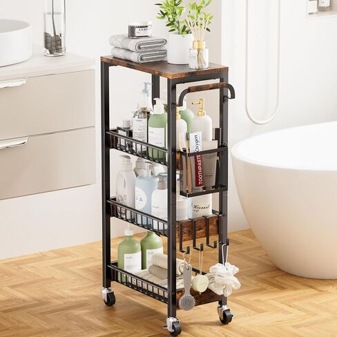 DTUQYX Slim Bathroom Storage Cart, 4 Tier Small Rolling Organizer Cabinet with Wood Top Handle, Mobile Shelving Unit Slide Out for Office, Kitchen, Laundry Room & Narrow Places (9.1" Overall Width) in Saudi Arabia