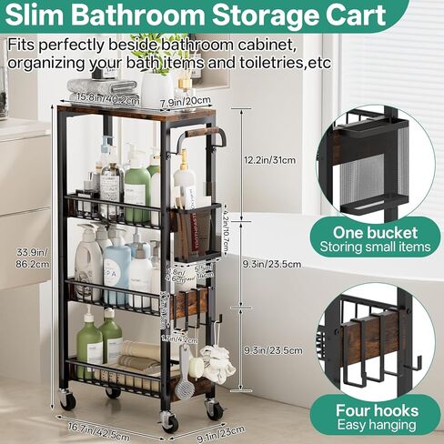 DTUQYX Slim Bathroom Storage Cart, 4 Tier Small Rolling Organizer Cabinet with Wood Top Handle, Mobile Shelving Unit Slide Out for Office, Kitchen, Laundry Room & Narrow Places (9.1" Overall Width) in Saudi Arabia