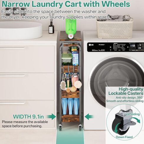 DTUQYX Slim Bathroom Storage Cart, 4 Tier Small Rolling Organizer Cabinet with Wood Top Handle, Mobile Shelving Unit Slide Out for Office, Kitchen, Laundry Room & Narrow Places (9.1" Overall Width) in Saudi Arabia