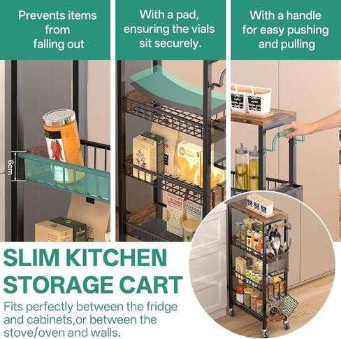 DTUQYX Slim Bathroom Storage Cart, 4 Tier Small Rolling Organizer Cabinet with Wood Top Handle, Mobile Shelving Unit Slide Out for Office, Kitchen, Laundry Room & Narrow Places (9.1" Overall Width) in Saudi Arabia