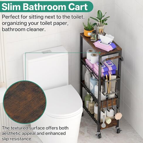 DTUQYX Slim Bathroom Storage Cart, 4 Tier Small Rolling Organizer Cabinet with Wood Top Handle, Mobile Shelving Unit Slide Out for Office, Kitchen, Laundry Room & Narrow Places (9.1" Overall Width) in Saudi Arabia
