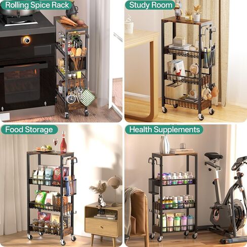 DTUQYX Slim Bathroom Storage Cart, 4 Tier Small Rolling Organizer Cabinet with Wood Top Handle, Mobile Shelving Unit Slide Out for Office, Kitchen, Laundry Room & Narrow Places (9.1" Overall Width) in Saudi Arabia