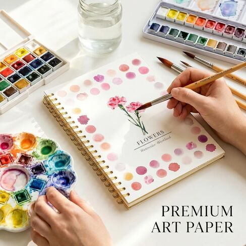 Watercolor Workbook, Spiral Bound Floral Water Color Sketchbook Thick Cold Pressed Watercolor Paper Book Premium Water Color Painting Book for Adults Art Beginners Flower Painting Practice in Kuwait
