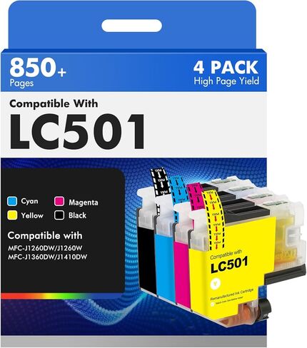 LC501 MFC-J1360DW Ink Cartridges for Brother Printer LC501XL LC 501 Series Inks for Brother Work Smart 1360 MFC-J1260W MFC-J1260DW MFC-J1410DW MFCJ1360DW MFC J1360DW (4Pack Black Cyan Magenta Yellow) in Kuwait