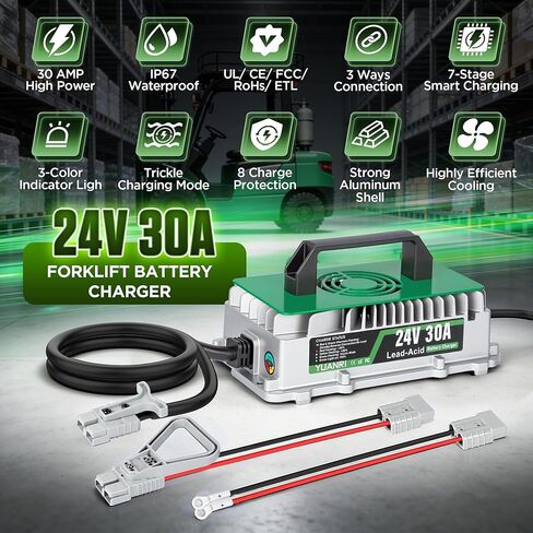 30A 24V Forklift Battery Charger for Scissor Lift, Electric Pallet Jack, Smart Automatic 24 Volt Battery Charger for Lead Acid Battery, IP67 Waterproof, 3 Connections, 3-Color Indicator in Saudi Arabia