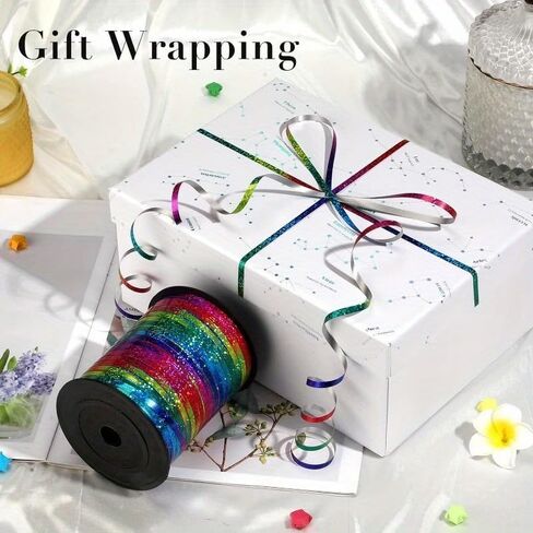 228.6m Holographic Rainbow Curling Ribbon - Sparkling Metallic Gift Wrapping String for Balloons, Weddings, Birthdays & Parties, Multi-Color Craft Decor Supplies in Kuwait