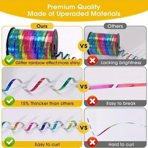 228.6m Holographic Rainbow Curling Ribbon - Sparkling Metallic Gift Wrapping String for Balloons, Weddings, Birthdays & Parties, Multi-Color Craft Decor Supplies in Kuwait