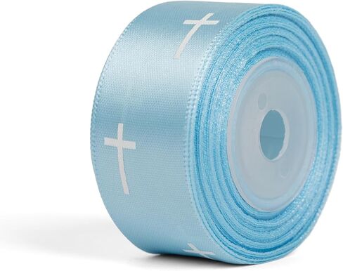 Religion Satin Ribbon for Gift Wrapping Bows Craft DIY Projects - 10 Yards - Blue with White Cross Printing - 1 Inch Width/10 Yards per roll in Saudi Arabia