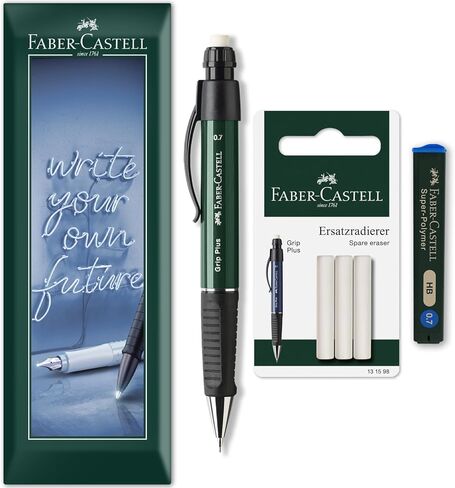 قلم رصاص ميكانيكي Faber-Castell Grip Plus + 12 × 0.7 مم سلاسل إعادة تعبئة HB + عبوات ممحاة في عبوة مظروف - برميل أخضر in Kuwait