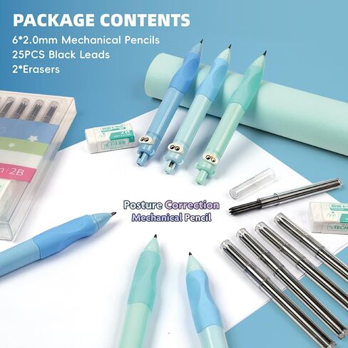 6PCS Cute Mechanical Pencils 2.0MM with Comfort Ergonomic Grip, 25PCS Leads,2PCS Erasers,Cute Stationery Kit for Writing, Sketching & Drawing,Ideal for Gift in Saudi Arabia