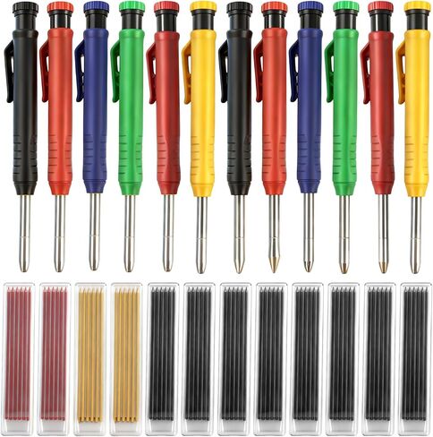12 Pcs Solid Carpenter Pencils with Built in Sharpener Long Nosed Deep Hole Mechanical Pencil Marker Construction with 72 Pcs 2.8mm Refills for Drafting Architect Tool Woodworking in Kuwait