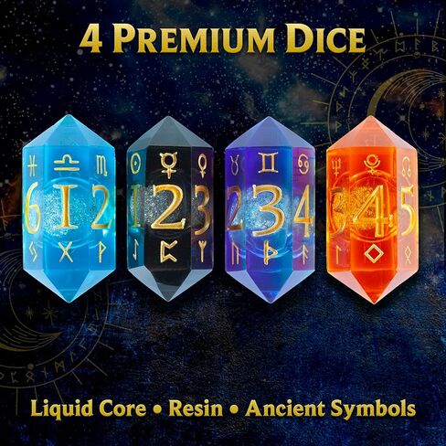 Dice of Stars & Stone – Premium D6 Dice Set | 4-Pack with Dice Bag | Six-Sided, Resin, Liquid-Core | Rune and Astrology Symbols | Witchy Gift | for D&D, Tabletop RPGs, Castings, Board Game Upgrades in Saudi Arabia