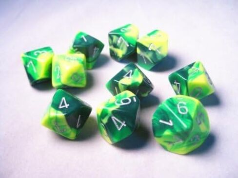Chessex Dice Sets: Gemini Green & Yellow with Silver - Ten Sided Die d10 Set (10) in Kuwait