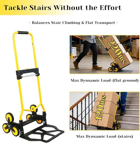 Heavy-Duty 220LB Capacity Stair Climbing Hand Trucks, Stair Climber Cart Dolly Hand Truck with 6 Wheels and One-Touch Retractable Handle for Home Stairs, Moving, Groceries, Warehouse(Yellow) in Saudi Arabia