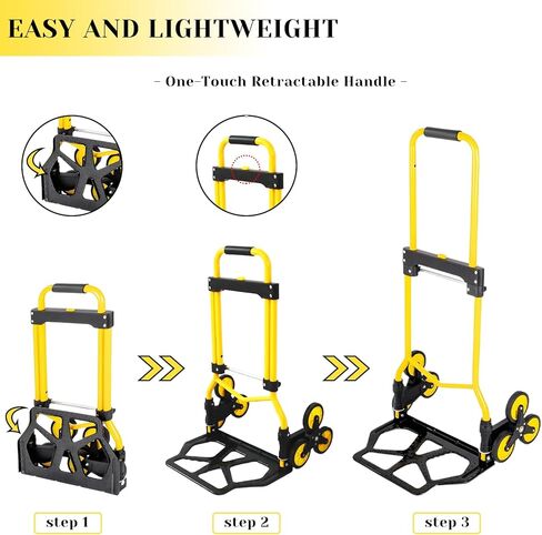 Heavy-Duty 220LB Capacity Stair Climbing Hand Trucks, Stair Climber Cart Dolly Hand Truck with 6 Wheels and One-Touch Retractable Handle for Home Stairs, Moving, Groceries, Warehouse(Yellow) in Saudi Arabia
