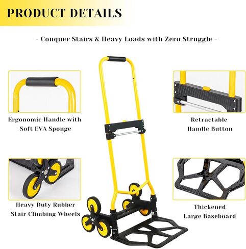 Heavy-Duty 220LB Capacity Stair Climbing Hand Trucks, Stair Climber Cart Dolly Hand Truck with 6 Wheels and One-Touch Retractable Handle for Home Stairs, Moving, Groceries, Warehouse(Yellow) in Saudi Arabia