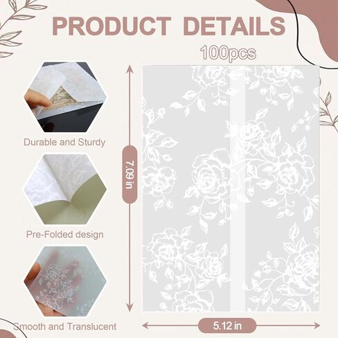 100 Pcs Invitation Envelope Jackets, 5x7 Pretty Vellum Jackets for Wedding Invites, 135GSM, Rose Pattern, Pre-Folded Translucent Wrap Paper Sleeves Kit for Baby Shower Birthday Mother in Kuwait