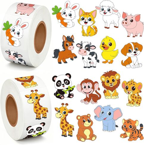 1200Pcs Animal Stickers 2 Roll 1.5''Farm Animal Stickers 16 Designs Stickers with Perforated Line Self Adhesive Round Lion Sheep Stickers for Toddlers Scrapbook Teacher Reward Classroom Party Supplies in Saudi Arabia