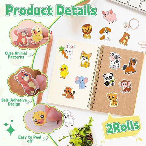 1200Pcs Animal Stickers 2 Roll 1.5''Farm Animal Stickers 16 Designs Stickers with Perforated Line Self Adhesive Round Lion Sheep Stickers for Toddlers Scrapbook Teacher Reward Classroom Party Supplies in Saudi Arabia