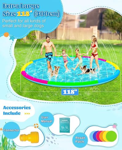 118" Extra Large Splash Pad - Non-Slip Splash Pad for Kids and Dogs Thickened Dog Pool with Sprinkler Outdoor Water Toys Giant Fountain Play Mat for Toddlers Children Adults Pets in Saudi Arabia