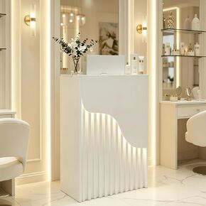Small Reception Desk with Counter, Modern Front Desk with LED Light & Lockable Drawers, Wooden Checkout Counter, Retail Counter, Cash Register Stand for Salon, Lobby, Office, Retail (White, 23.6 Inch) in Saudi Arabia