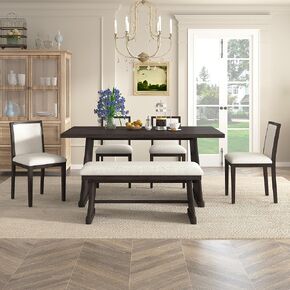 Merax 6-Piece Rustic Farmhouse Dining Table Set with Wire Brushed Design, Rectangular Dining Table with Trapezoid Legs, 4 Upholstered Linen Chairs & 1 Padded Bench for Dining Room & Kitchen, Espresso in Saudi Arabia