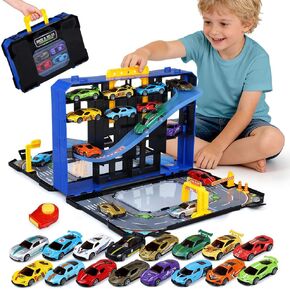 Drefirsa 32 in 1 Race Car Track Set, Portable Toy Car Playset with 16pcs Diecast Alloy Vehicle 1:64 Scale, 2 Launcher, Racing Track and Storage Case, Kid Toy for 3 4 5 6 Year Old Boy Birthday Gift in Saudi Arabia