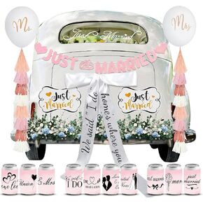 20 Pcs Pink Just Married Car Decorations Include 10 Can Stickers Satin Ribbon and Others Decorative Accessories for Wedding Party Decorations, Photo Props and Car Decoration in Saudi Arabia
