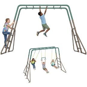 Hapfan Swing Sets for Backyard with Monkey Bars, Trapeze Bar & 2 Belt Swings, Heavy Duty Metal Playground Sets for Kids, Outdoor Jungle Gym Playset (Green & Brown) in Kuwait