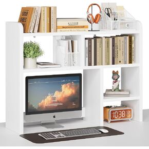 Desk Shelf, Desktop Hutch with 6 Storage Areas, Desktop Organizer Shelf with 27" Large Monitor Compartment, Multipurpose Wood Desktop Display Rack for Computer Desk, Dorm, Office, Home (White) in Saudi Arabia