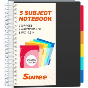 دفتر ورق رسم بياني من SUNEE مقاس 4 × 4 مسطر بشبكة - 300 صفحة، 5 فواصل جيب مبوبة، 8 بوصة × 10.5 بوصة، 3 فتحات مثقوبة، غطاء PP متين - دفتر شبكي حلزوني للهندسة والعمل والمدرسة، أسود in Kuwait