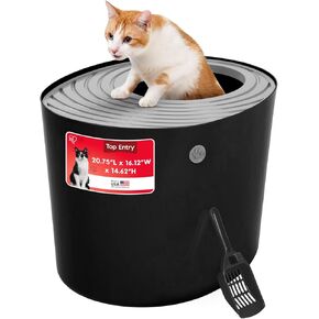 IRIS USA Large Stylish Round Top Entry Cat Litter Box with Scoop, Curved Kitty Litter Pan with Litter Particle Catching, Navy/White in Kuwait