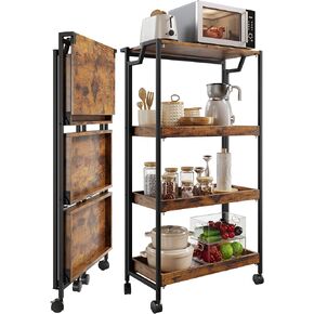 Jojoka No Assembly Folding Kitchen Cart with Wood Top, 4 Tier Collapsible Rolling Utility Cart on Wheels, Industrial Mobile Kitchen Island Storage Cart for Small Spaces, RV and Pantry, Rustic Brown in Saudi Arabia