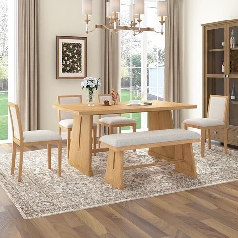 Merax 6-Piece Rustic Farmhouse Dining Table Set with Wire Brushed Design, Rectangular Dining Table with Trapezoid Legs, 4 Upholstered Linen Chairs & 1 Padded Bench for Dining Room & Kitchen, Espresso in Saudi Arabia