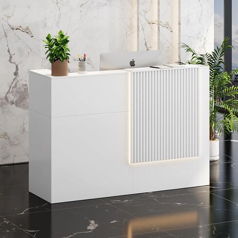 Reception Desk with Counter, Small Front Desk Reception Counter Lockable Drawer, Grille Design Wooden Modern Reception Table for Salon Lobby Office Home Supermarket (White-1) in Saudi Arabia