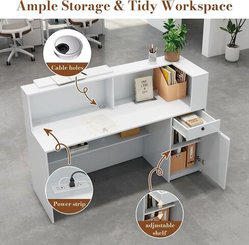 Reception Desk with Counter, Small Front Desk Reception Counter Lockable Drawer, Grille Design Wooden Modern Reception Table for Salon Lobby Office Home Supermarket (White-1) in Saudi Arabia