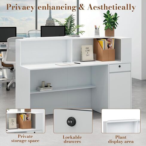 Reception Desk with Counter, Small Front Desk Reception Counter Lockable Drawer, Grille Design Wooden Modern Reception Table for Salon Lobby Office Home Supermarket (White-1) in Saudi Arabia