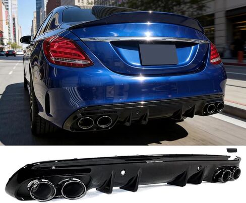 الناشر الخلفي متوافق مع 2015-2021 بنز W205 C300 C350 C400 Sport C63 C43 AMG سيدان، C43 نمط أسفل الوفير الذقن الناشر الشفاه الفاصل مع نصائح العادم الأسود اللامع in Kuwait