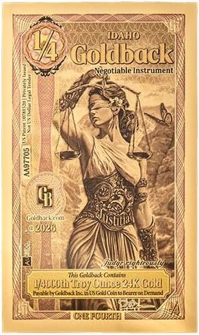 Idaho 1/4 Goldback (1/4GB) Collectible 1/4000th of a Troy Oz 24K Gold Note | Justitia (Justice) Series (1 Pack) in Kuwait