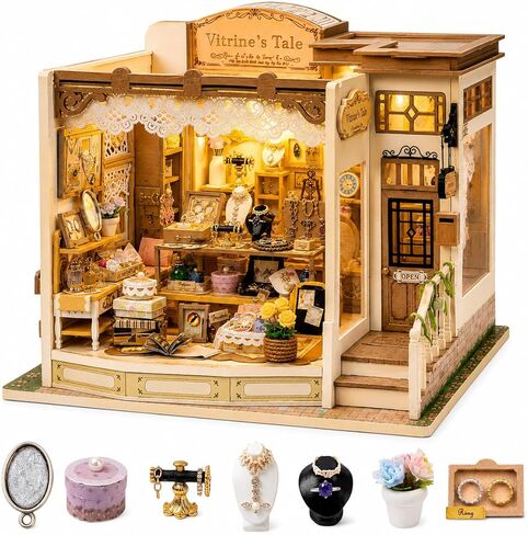 DIY Miniature House Kit, 428 PCS Jewelry Shop DIY Book Nook Kit with LED, 3D Wooden Puzzle Miniature Doll House Kit for Arts and Crafts Decor - Unique Tiny Home Kits Gifts for Women & Adults in Saudi Arabia