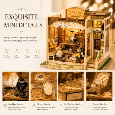 DIY Miniature House Kit, 428 PCS Jewelry Shop DIY Book Nook Kit with LED, 3D Wooden Puzzle Miniature Doll House Kit for Arts and Crafts Decor - Unique Tiny Home Kits Gifts for Women & Adults in Saudi Arabia