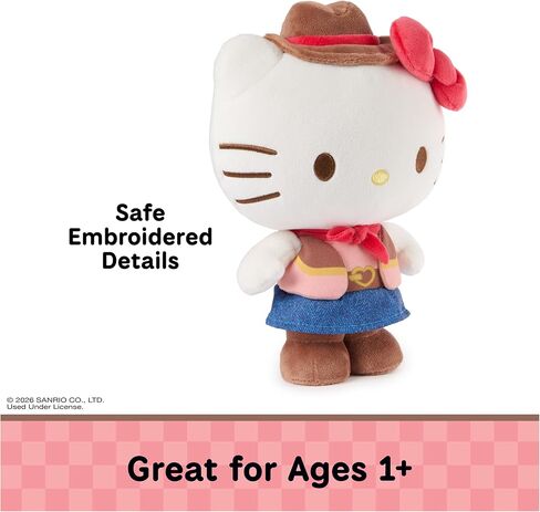 لعبة GUND Sanrio الرسمية من القطيفة Hello Kitty Cowgirl، لعبة قطيفة قابلة للجمع، حيوان محشو للأعمار من سنة فما فوق، أبيض، 9.5 سم in Kuwait