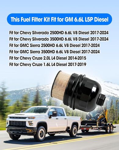 Fuel Filter Kit with Billet Aluminum Housing Cap and Drain Plug Replace TP1015 134001 Compatible with Chevy Silverado GMC Sierra 2500HD 3500HD 6.6L L5P Diesel 2017-2024 Cruze 1.6L 2.0L 2014-2019 in Saudi Arabia
